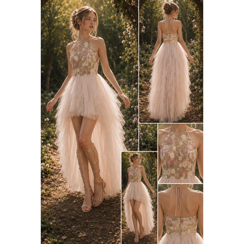 Teeze Me Floral Embroidered Tulle Dress High Low Formal Pink Blush 3/4 Fairycore